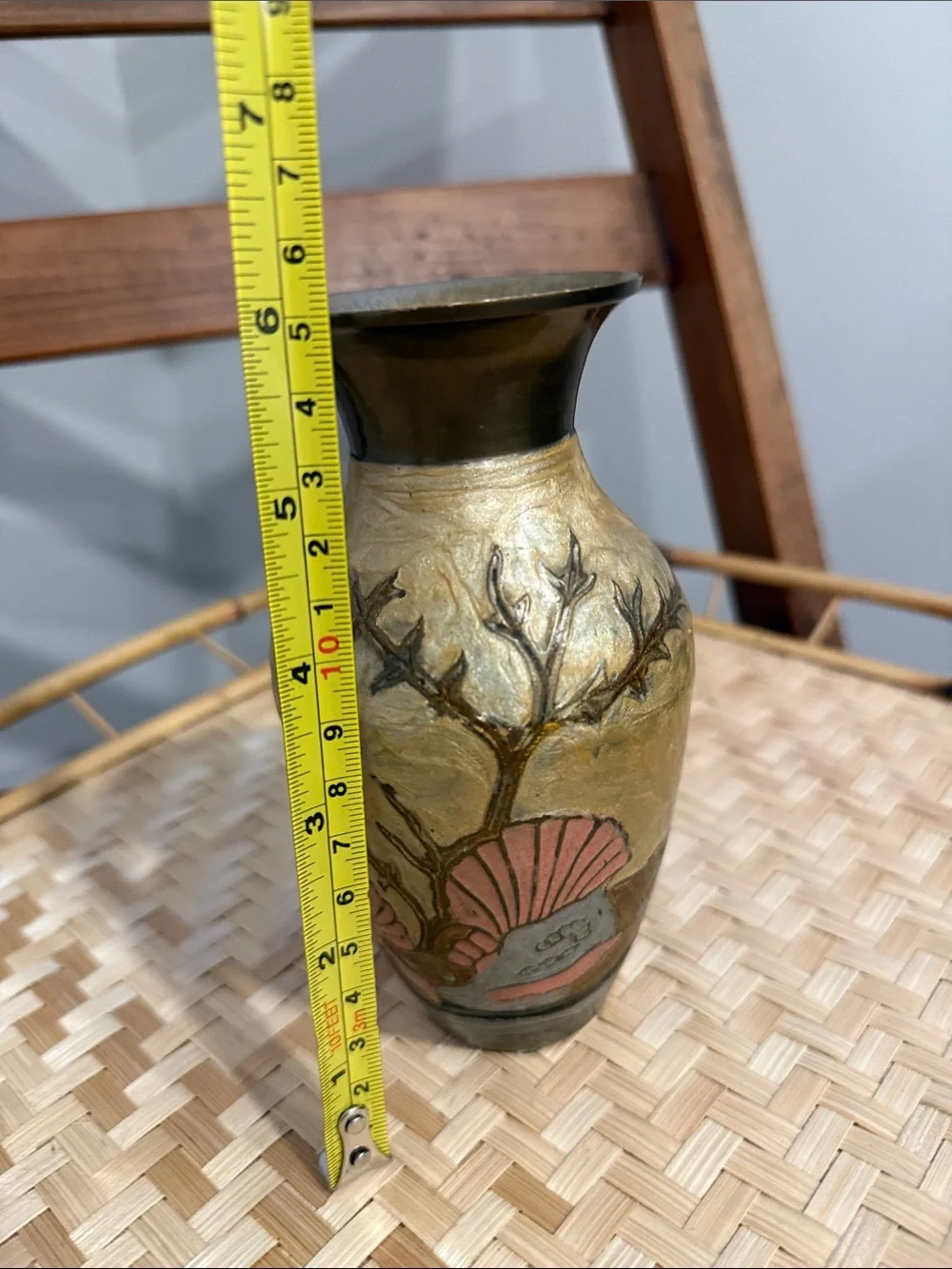 Decorative Gold Toned Floral Ceramic Vase with Coral Accents Brass  Boho